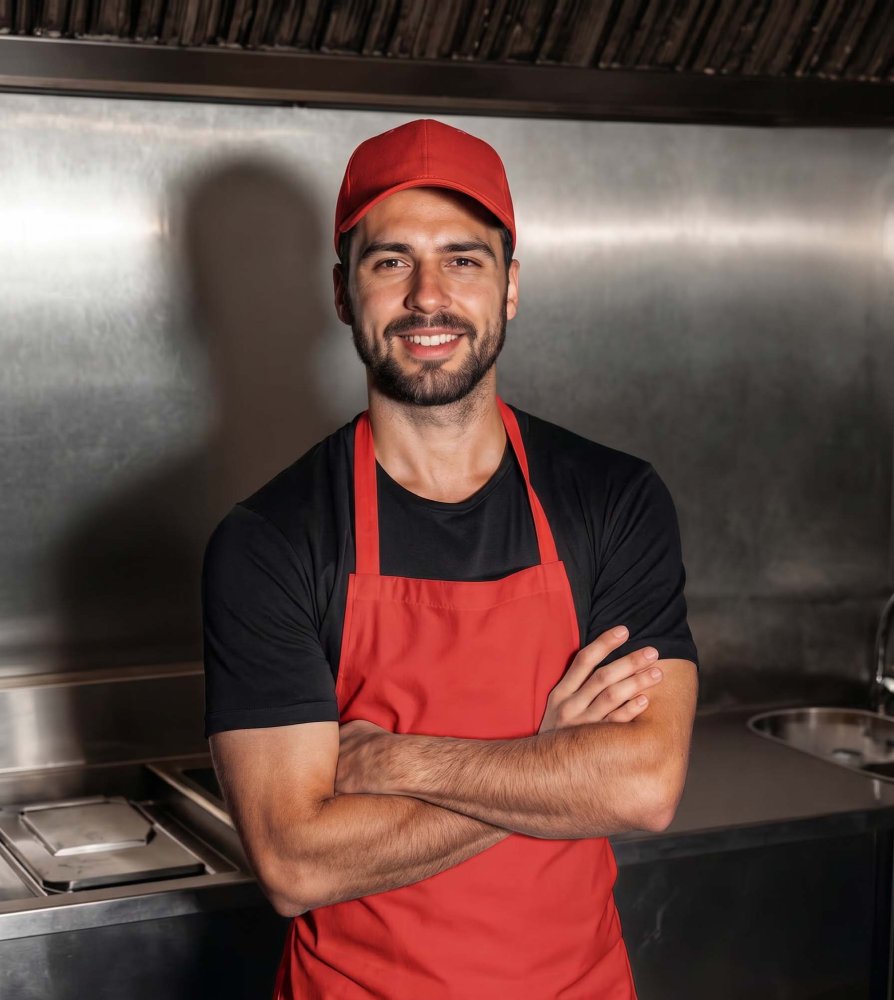 Empresário do food service em ambiente de cozinha industrial